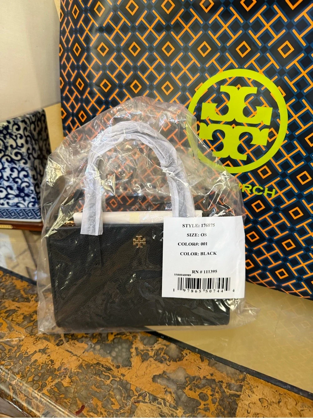 Tory Burch Black Pebbled Leather Mini Tote with Gold Logo
